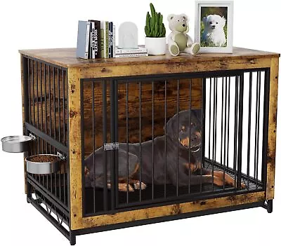 Large Dog Crate Furniture W/ 2 Bowls Wooden Dog Cage End Table Indoor Dog Kennel • $199.99