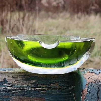 Vintage Murano Art Sommerso Clear Encased Green Hand-Blown Glass Ashtray  • $94