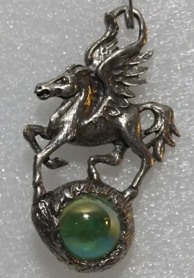$4 • Buy VINTAGE PEWTER METAL PEGASUS NECKLACE PENDANT ON GLASS MARBLE MARKED 1990s