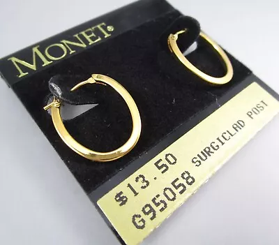 NOS Vintage 90s MONET Gold Tone Oval Hoop Hinged Pierced Post Earrings 72s • $9.99