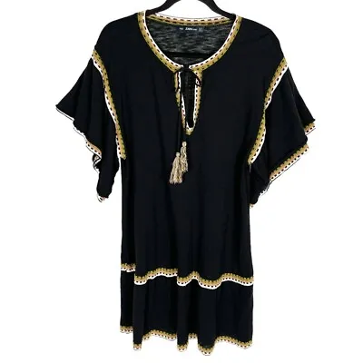 Zara Black Contrast Trim Oversized Boho A-Line Short Sleeve Knit Mini Dress • $21.99