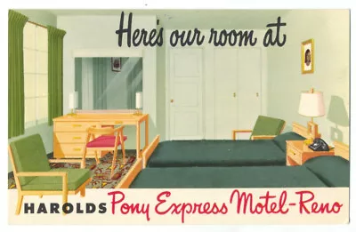 RENO NV - Harold's PONY EXPRESS MOTEL Interior Furniture 1950's AD Postcard • $9.95