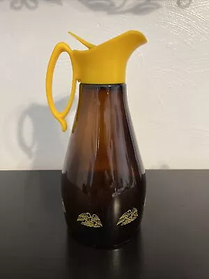 Vintage LOG CABIN Syrup Pitcher Amber Glass Bottle W/ Yellow Eagle On Base • $9.25