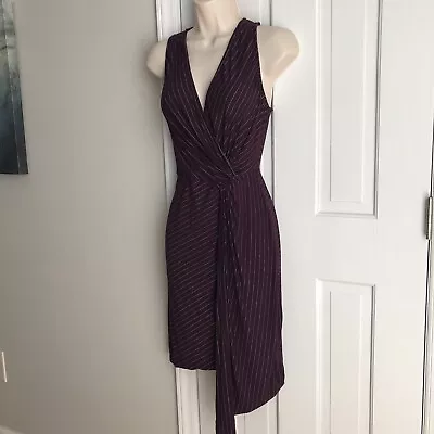 Matty Dress Size M Mini V Neck Wrap Style Sleeveless Pinstripe Plum Color • $14.75