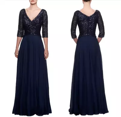 NWOT La Femme Sequin Top Chiffon Gown Women's Navy Mother Of The Bride Size 16 • $184