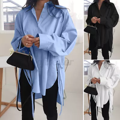 £14.64 • Buy Womens Long Sleeve Collared Button High Low Shirt Split Hem Tops Blouse Oversize