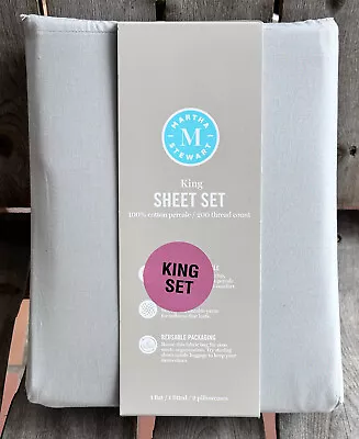 Martha Stewart  100% Percale Cotton Light Gray King Sheet Set - Soft Grey • $98