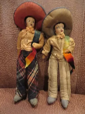 Vintage Mexican Handmade 9  Male Dolls With Sombreros Sarape Painted Faces. • $25