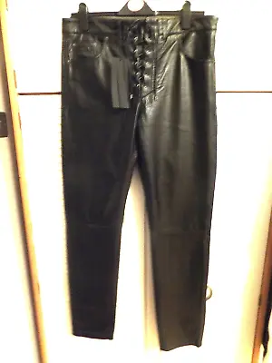 Zara Steven Meisel Genuine Leather Black Straight Leg Trousers 10 Uk Sold Out! • £75