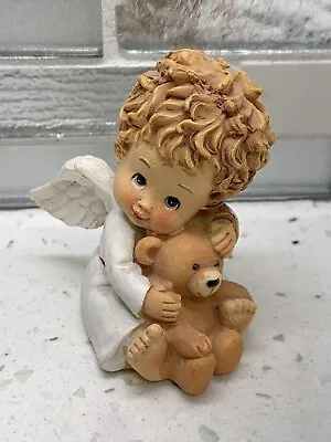 Angel With Bear Ceramic Figurine 3” Cherub • $12