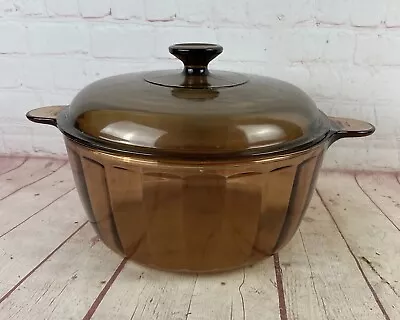 Vtg Corning Ware Visions Amber Glass Cookware 4.5 Liter Ribbed Dutch Oven & Lid • $49.99