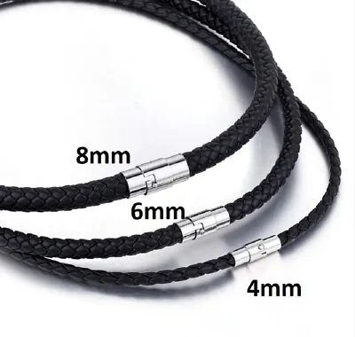 4mm-8mm Black Braided Cord Leather Magnetic Stainless Steel Necklace 14-24'' J30 • £7.99