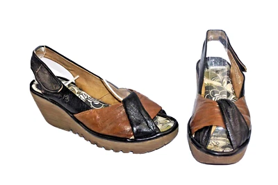 £19.99 • Buy Fly London Black And Tan Leather Sling Back Wedge Sandals Uk Size 7. Eu 40