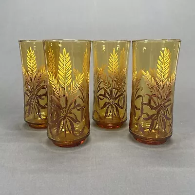 Vintage Libbey Glass Gold Bounty Wheat 6.5  Tumblers Glasses Set Of 4 Amber • $14.99