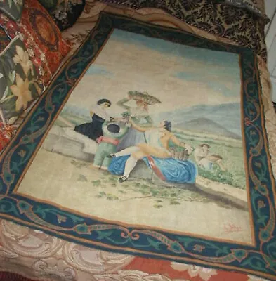 Large Antique 1800s Hand Painted Linen Tapestry W. ORTEGA Spain Vineyard 63 X 39 • $174