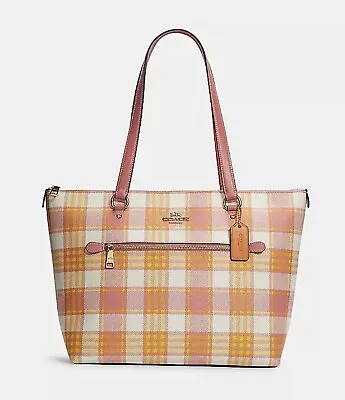 Coach Gallery Leather Tote With Garden Plaid Print - Gold/Taffy Multi FAST SHIP • $199.99