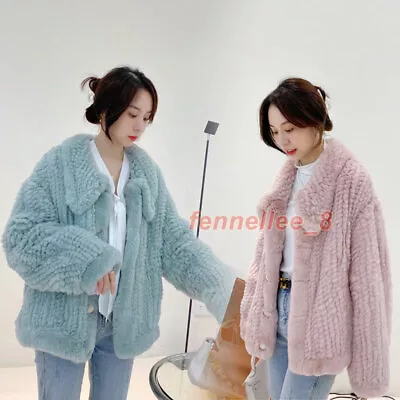 Real Rex Rabbit Fur Knitted Coat Women's Lapel Sweet Short Jacket Casual Outwear • $168.91