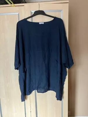 Made In Italy Dark Navy Blue Boxy Oversized Lagenlook Top - Linen - One Size • £9.50
