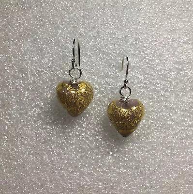 Sterling Silver Heart Shaped Purple Op Gold Foil Murano Glass Fish Hook Earrings • $15.99