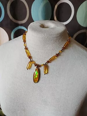 Vintage Necklace Copper Magnetic Clasp Yellow Hologram Amber Glass Signed RMN • £43.42