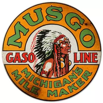 Musgo Gasoline Indian Chief 14  Round Heavy Duty Usa Made Metal Advertising Sign • $72