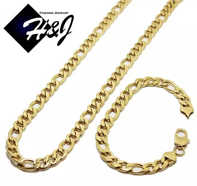 24 MEN's Stainless Steel 8mm Gold Plated Figaro Link Necklace Bracelet SETS • $29.99