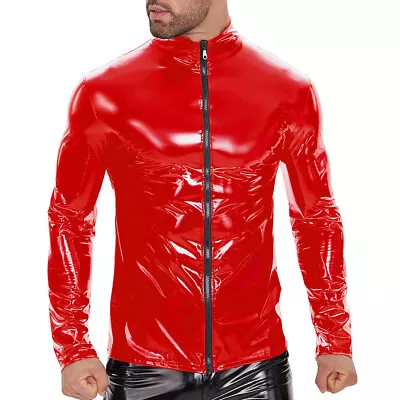 Mens Slim Full Zipper PVC Leather Blouse Coat Shiny Latex Jacket Shirt Clubwear • $27.99