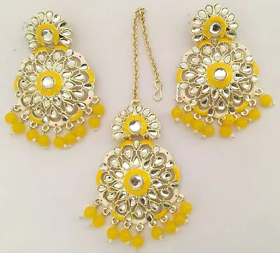 Yellow Indian Bollywood Ethnic Gold Tone Earrings Tikka Mirror CZ Jewelry Set • $23.09