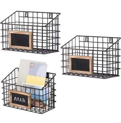 Set Of 3 Black Metal Wire Wall Mounted Storage Baskets With Chalkboard Labels • $32