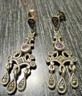 Vintage Sterling Silver Marcasite Chandelier Drop Dangle 1-3/8  Post Earrings • $20