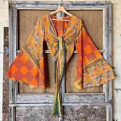 Wholesale 5 Pc Indian Vintage Silk Sari Bell Sleeve Crop Top Retro 60s Clothing • $99.11