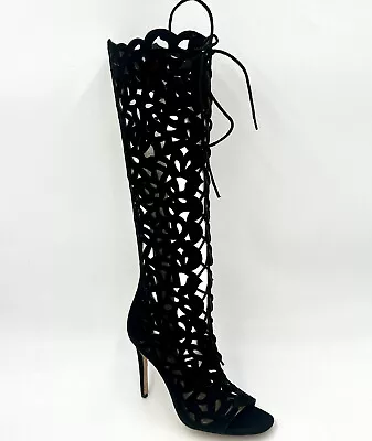 Via Spiga Tresa Boot Heels Sandal Cutout Lace Up Gladiator Caged Black Suede 6.5 • $41.39