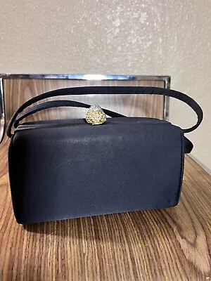 Morris Moskowitz Evening Handbag Clutch Purse Black Satin Rhinestone Clasp • $20