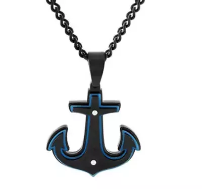 Mens Gentlemen's Classics™ Black Stainless Steel Anchor Pendant Necklace W/Chain • $38.58