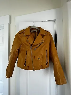 $22 • Buy Zara Faux Leather Yellow Motorcycle Style Jacket-size XS Women’s 