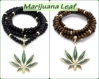 Marijuana Leave Leaf Pendant 6mm 30  Wooden Bead Hip Hop Necklace RC4330 • $18.99