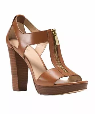 Women MK Michael Kors Berkley T-Strap Platform Dress Sandals Leather Luggage • $64.99