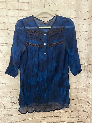 Mushka By Sienna Rose Shirt Womens Small Tunic Navy Blue Crinkle Crepe Tie Dye • $18.04