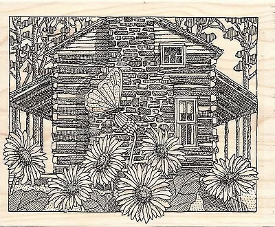 Log CABIN Flowers Scene Wood Mounted Rubber Stamp Impression Obsession G2542 NEW • $19.90