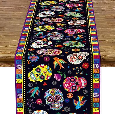 Day Of The Dead Table Flag - Linen Mexican Sugar Skull Black  • $15.29