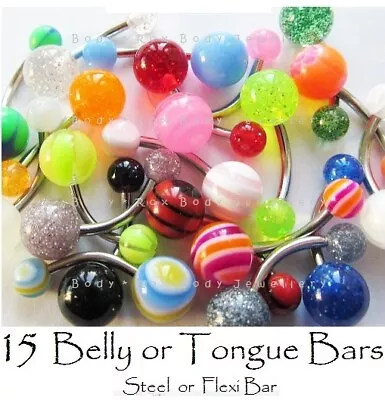 Pack Of 15 Belly Or Tongue Bars - Steel Or Flexi Bar - Wholesale UV Nipple Navel • £4.99