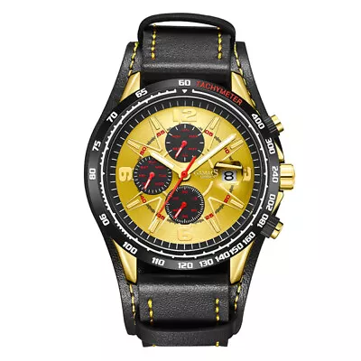 Mens Automatic Watch Yellow Gauge Racer Black Leather Strap Watch GAMAGES • £59.99