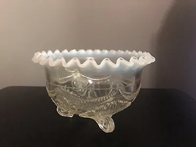 $29.95 • Buy Vintage Northwood Clear Cut Glass White Blue Opalescent Ruffled Top Footed Bowl