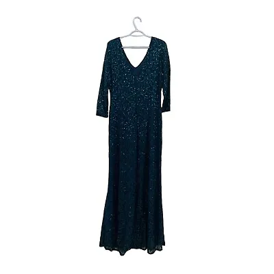 MARINA Jade Sequin Lace Maxi Gown Dress Sz 16 Formal Glamorous 3/4 Sleeve • $74.99