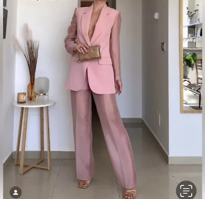 $375 • Buy ZARA Mixed COMBINED ORGANZA BLAZER JACKET & Pants Set PALE PINK XS 3623/393