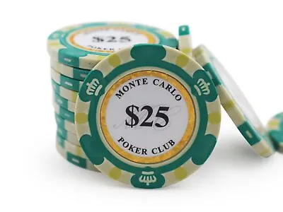 25 Monte Carlo Poker Club 14g Premium Clay Poker Chips - Green $25 Denomination • $15.96