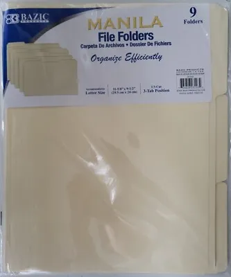 9pc Manila File Folder Letter Size Three Tab Positions 11-5/8  X 9-1/2  Folder • $7.99