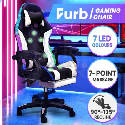 Furb Gaming Chairs RGB LED Massage Racing Recliner Leather Office Chair Footrest • $179.95