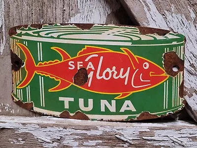 Old Vintage Sea Glory Porcelain Sign Tuna Fish Factory Diecut Fisherman Food • $130.16