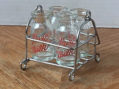 Vintage Miniature 4 Pure Milk Bottles With Wire Basket • $19.98